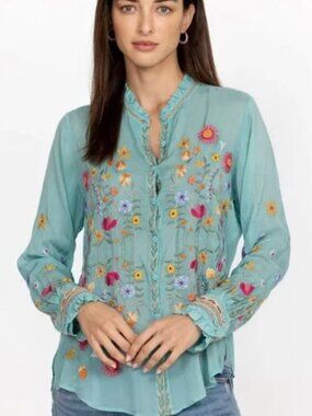 Johnny Was Iolanda Marine Embroidered Floral V-Neck Blouse. Plus Size. NWT